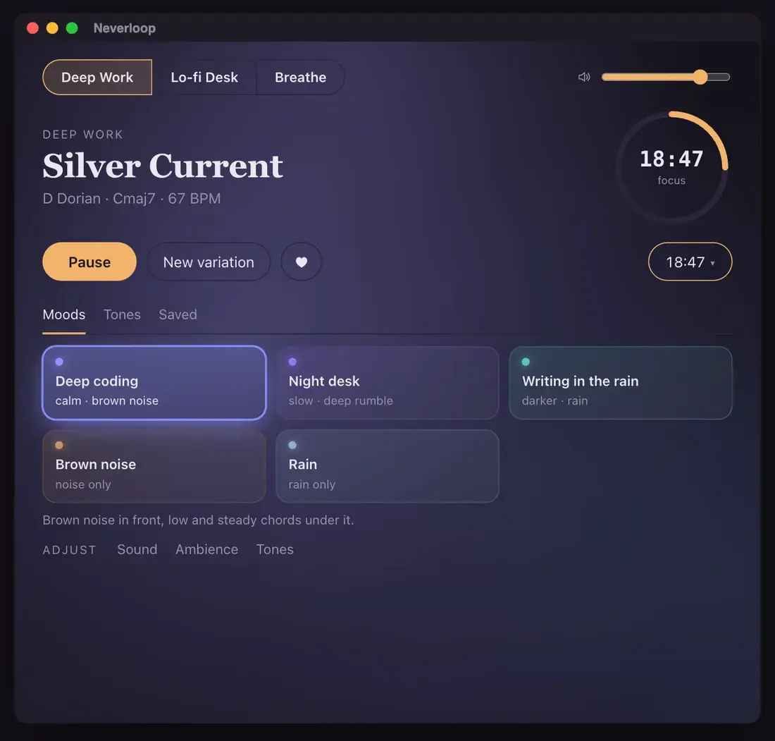 正在播放 Deep Work 的 Neverloop 窗口