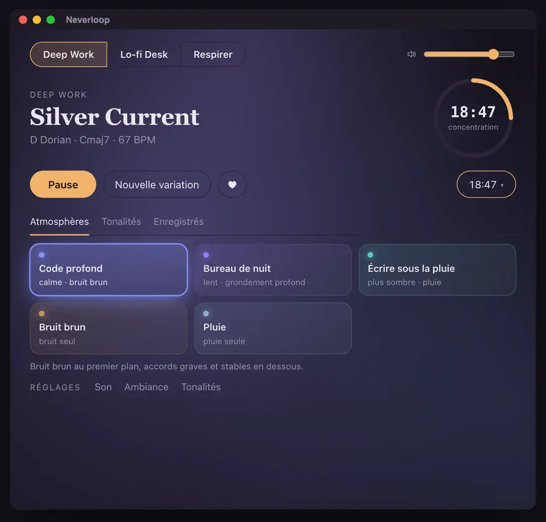 La fenêtre de Neverloop jouant Deep Work