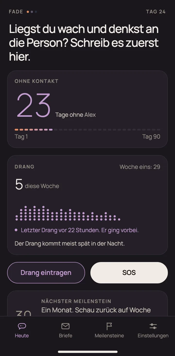 Fade home screen: 23 days without contact, the urge log for this week and an SOS button