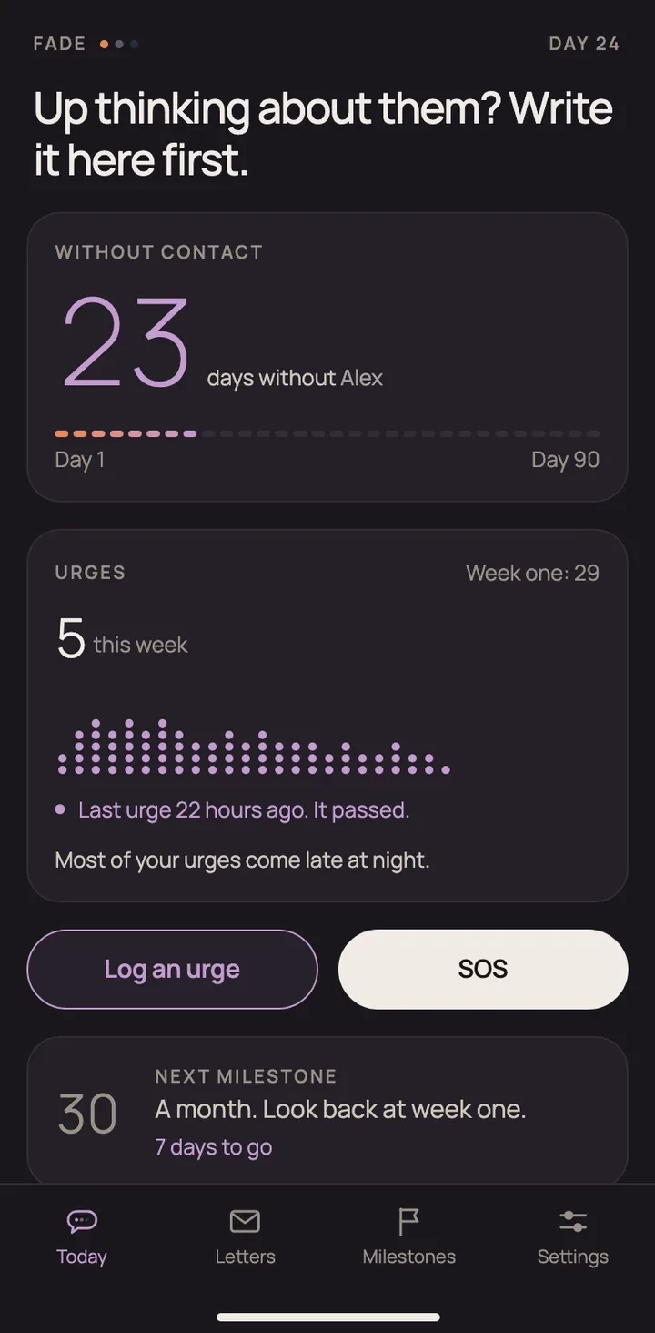 Fade home screen: 23 days without contact, the urge log for this week and an SOS button