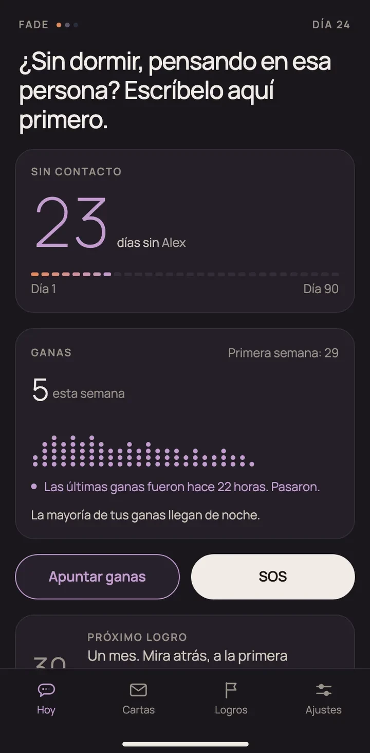 Fade home screen: 23 days without contact, the urge log for this week and an SOS button