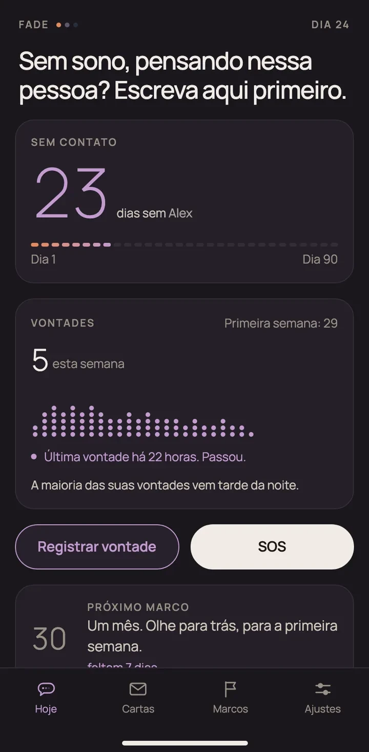 Fade home screen: 23 days without contact, the urge log for this week and an SOS button