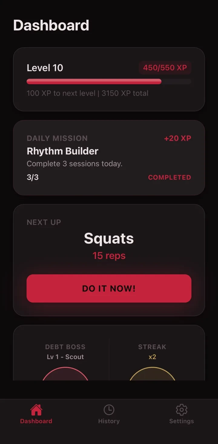 MicroReps desk workout reminder app screenshot